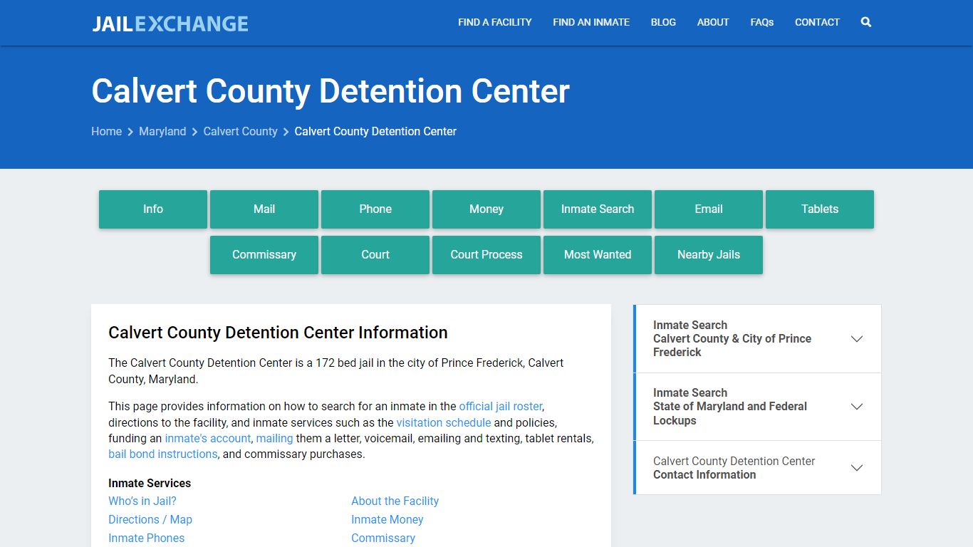 Calvert County Detention Center, MD Inmate Search, Information