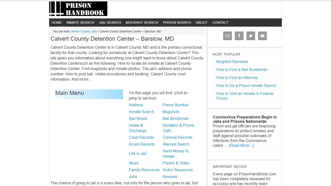 Calvert County Detention Center – Barstow, MD - Prison Handbook